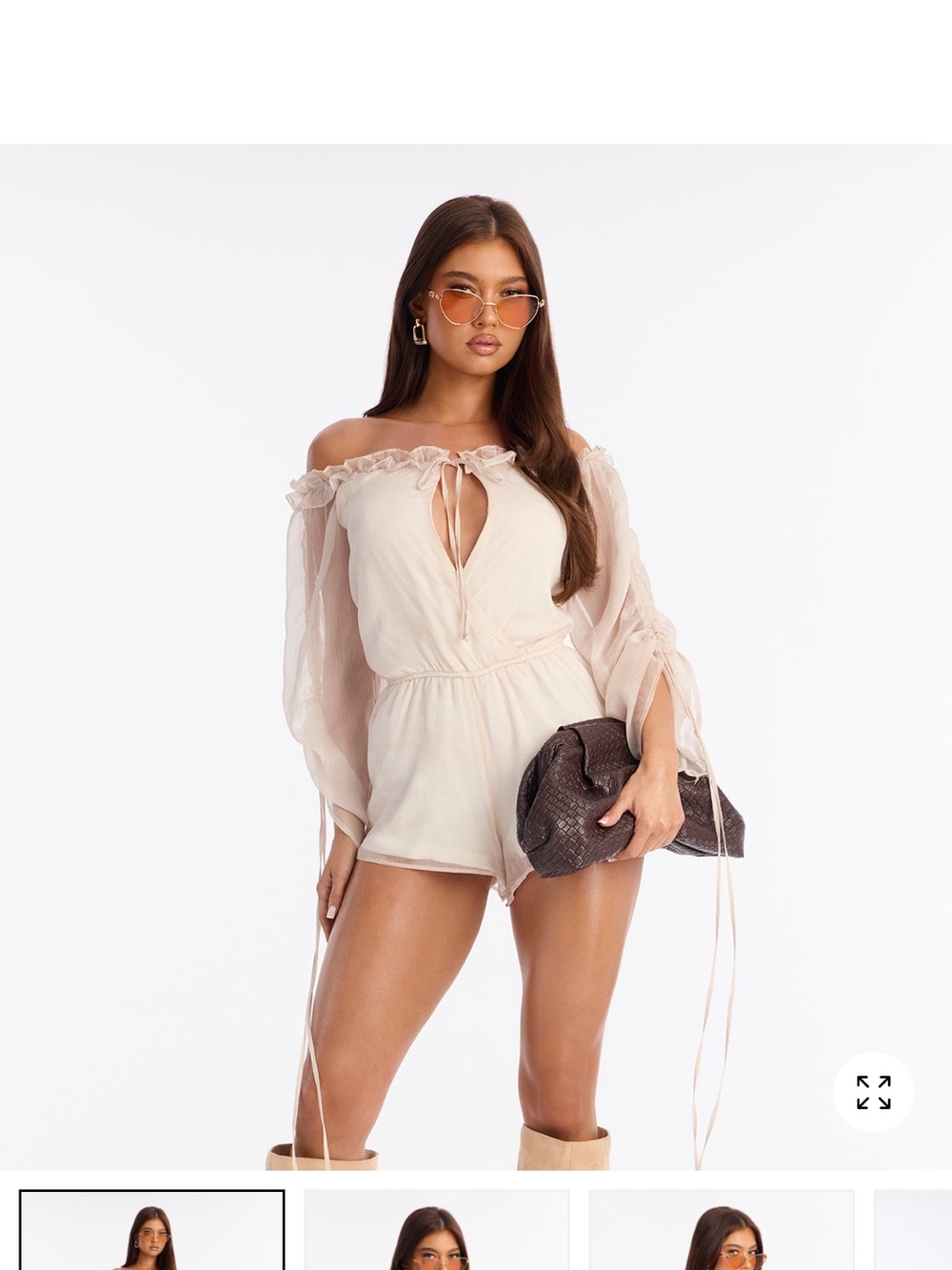 Fashion Nova Cream Off-Shoulder Sheer Sleeve Romper